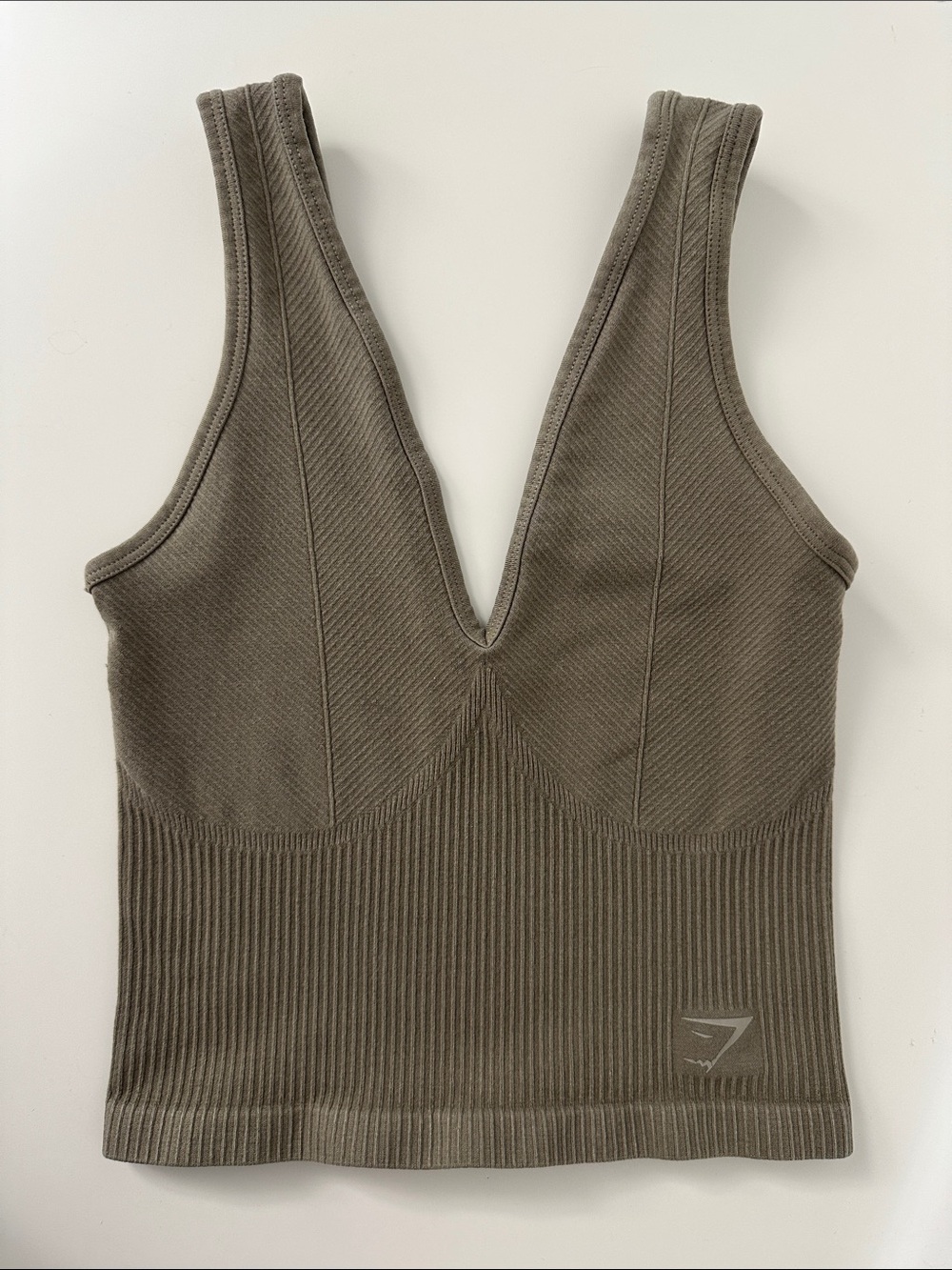 Gymshark Rest Day Seamless Midi Ribbed V Plunge Tank- Olive/Tan/Brown Natural